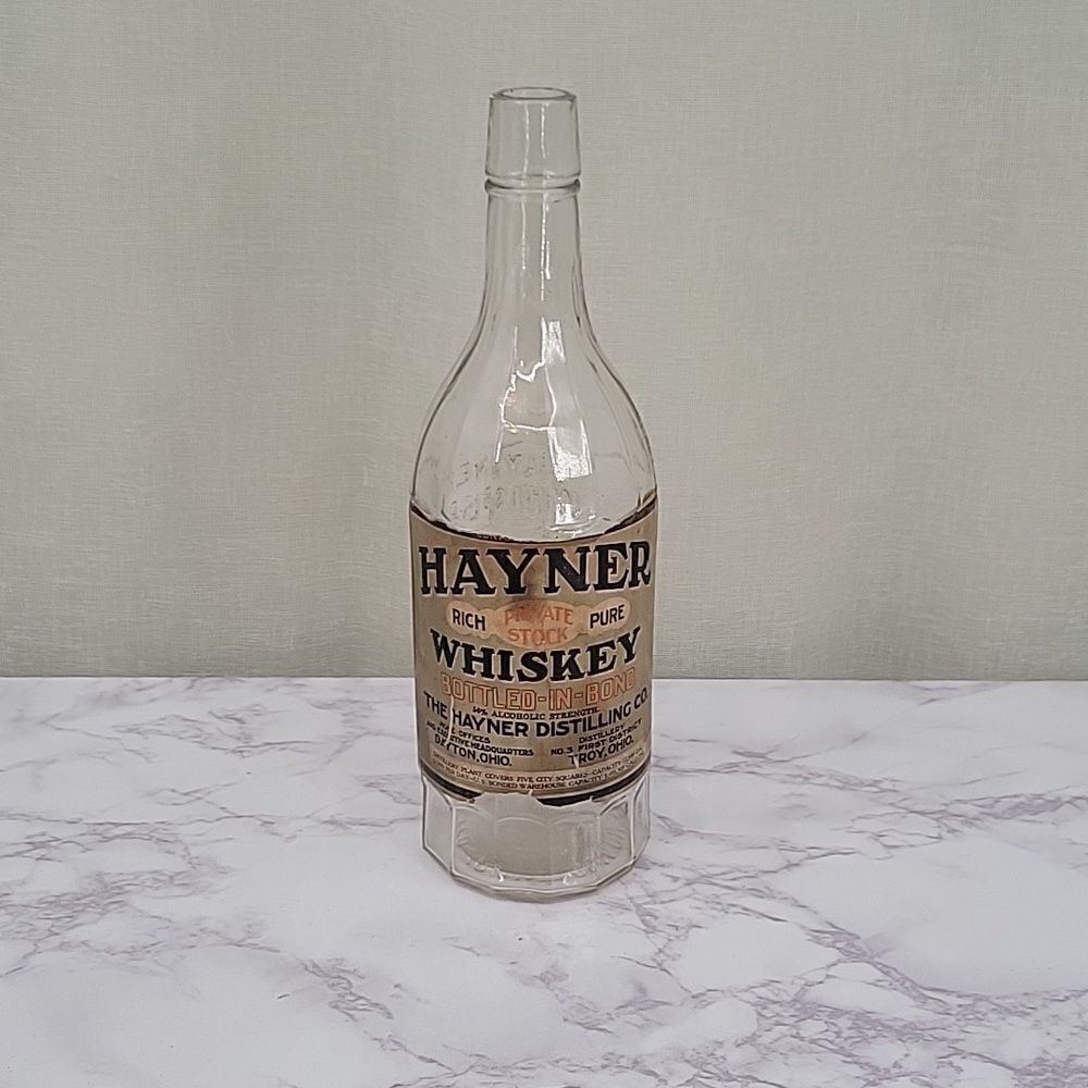 HAYNER Whiskey Bottle Clear Glass with Paper Label - Pre Prohibition